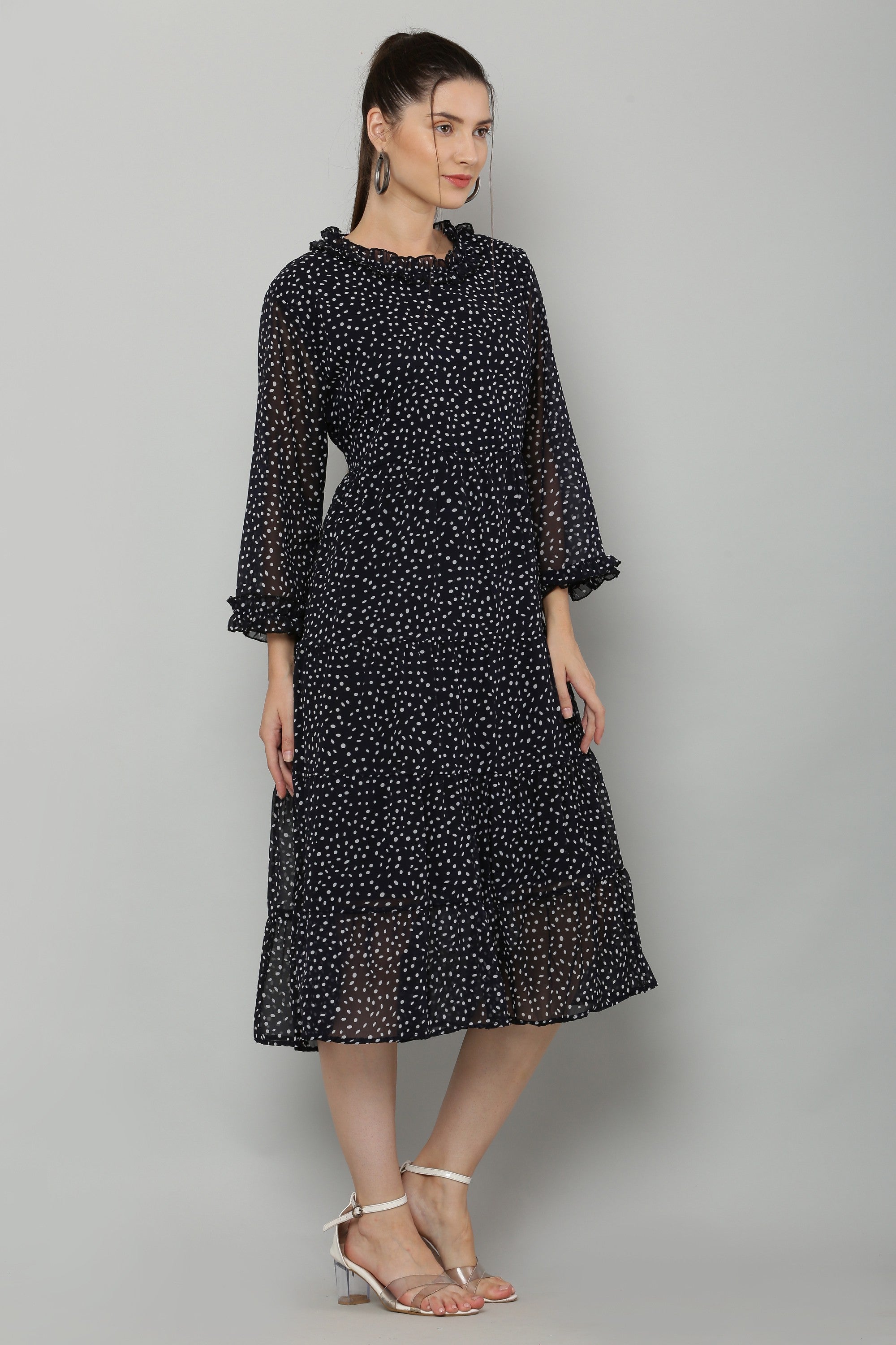 PAVONINE Micro Dots Frill-Neck Georgette Fabric Navy Blue Dress For Women - Distacart