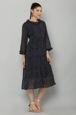 Thumbnail for PAVONINE Micro Dots Frill-Neck Georgette Fabric Navy Blue Dress For Women - Distacart