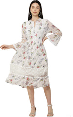 Thumbnail for PAVONINE White Color Flower Printed Lace Bottom Dress For Girls & Women - Distacart