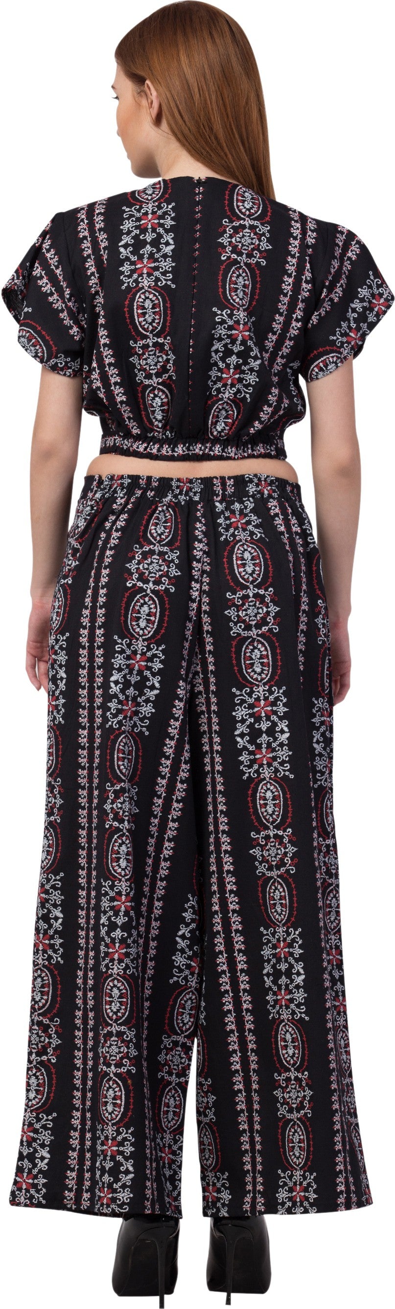 PAVONINE Black Color Printed Crop Top And Flared Palazzo Set For Girls & Women - Distacart