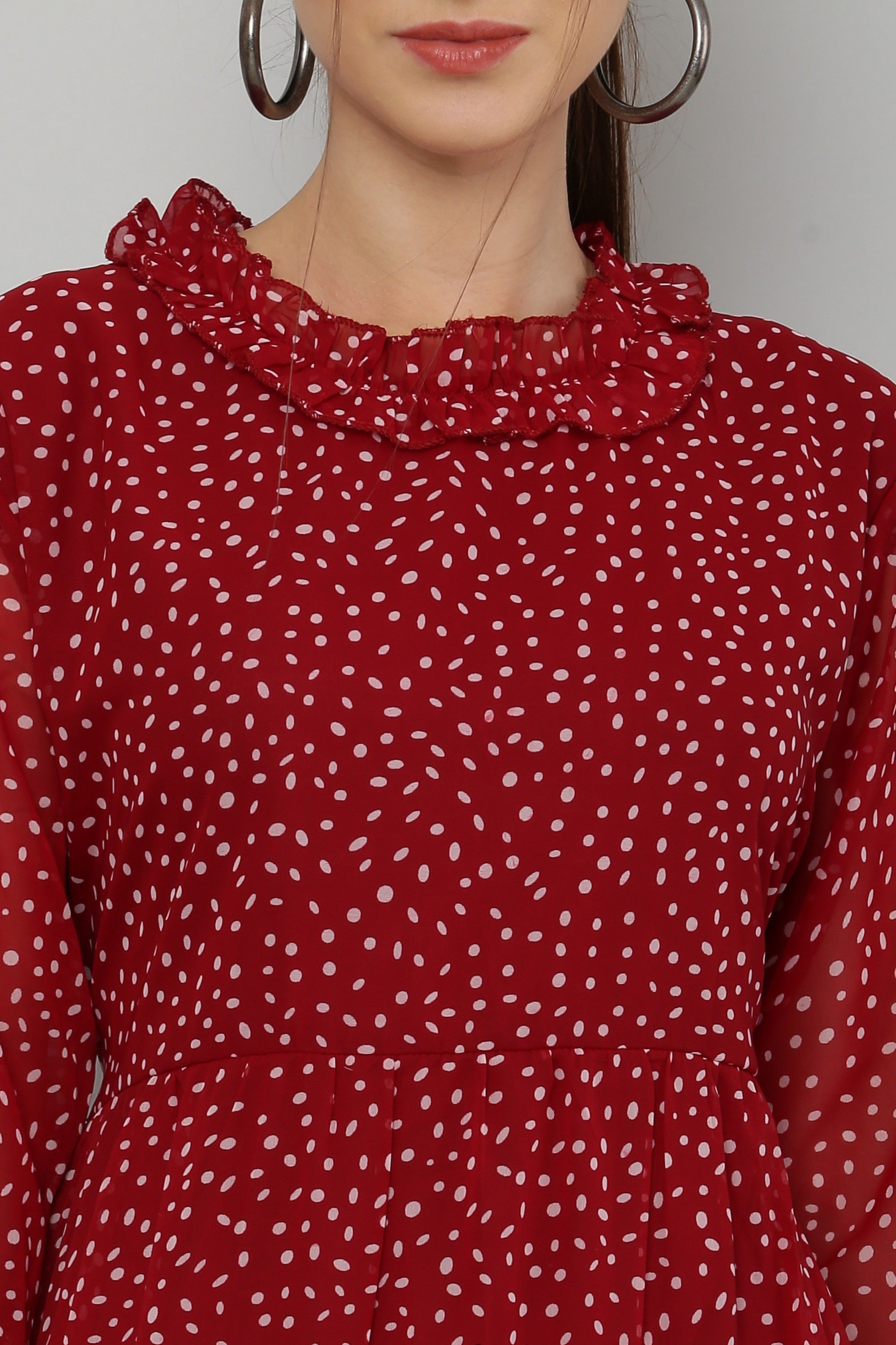 PAVONINE Micro Dots Frill-Neck Georgette Fabric Maroon Dress For Women - Distacart