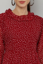 Thumbnail for PAVONINE Micro Dots Frill-Neck Georgette Fabric Maroon Dress For Women - Distacart