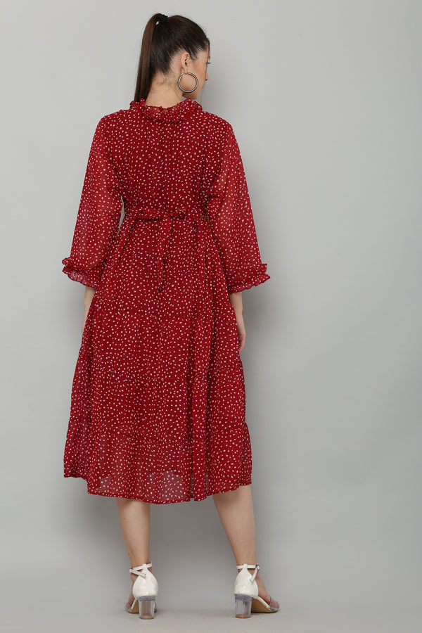 PAVONINE Micro Dots Frill-Neck Georgette Fabric Maroon Dress For Women - Distacart