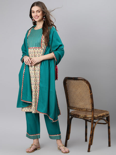 Khushal K Beige Color Cotton Printed Kurta And Palazzo With Printed Dupatta Set