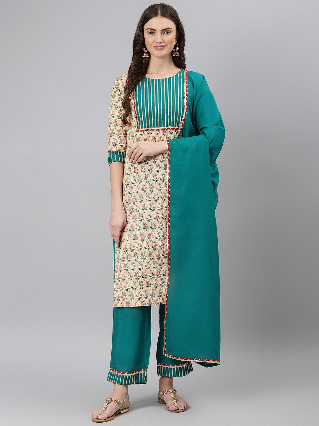 Khushal K Beige Color Cotton Printed Kurta And Palazzo With Printed Dupatta Set