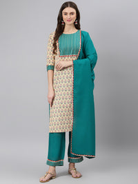Thumbnail for Khushal K Beige Color Cotton Printed Kurta And Palazzo With Printed Dupatta Set