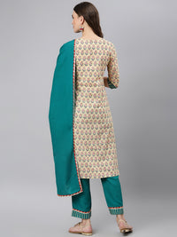 Thumbnail for Khushal K Beige Color Cotton Printed Kurta And Palazzo With Printed Dupatta Set