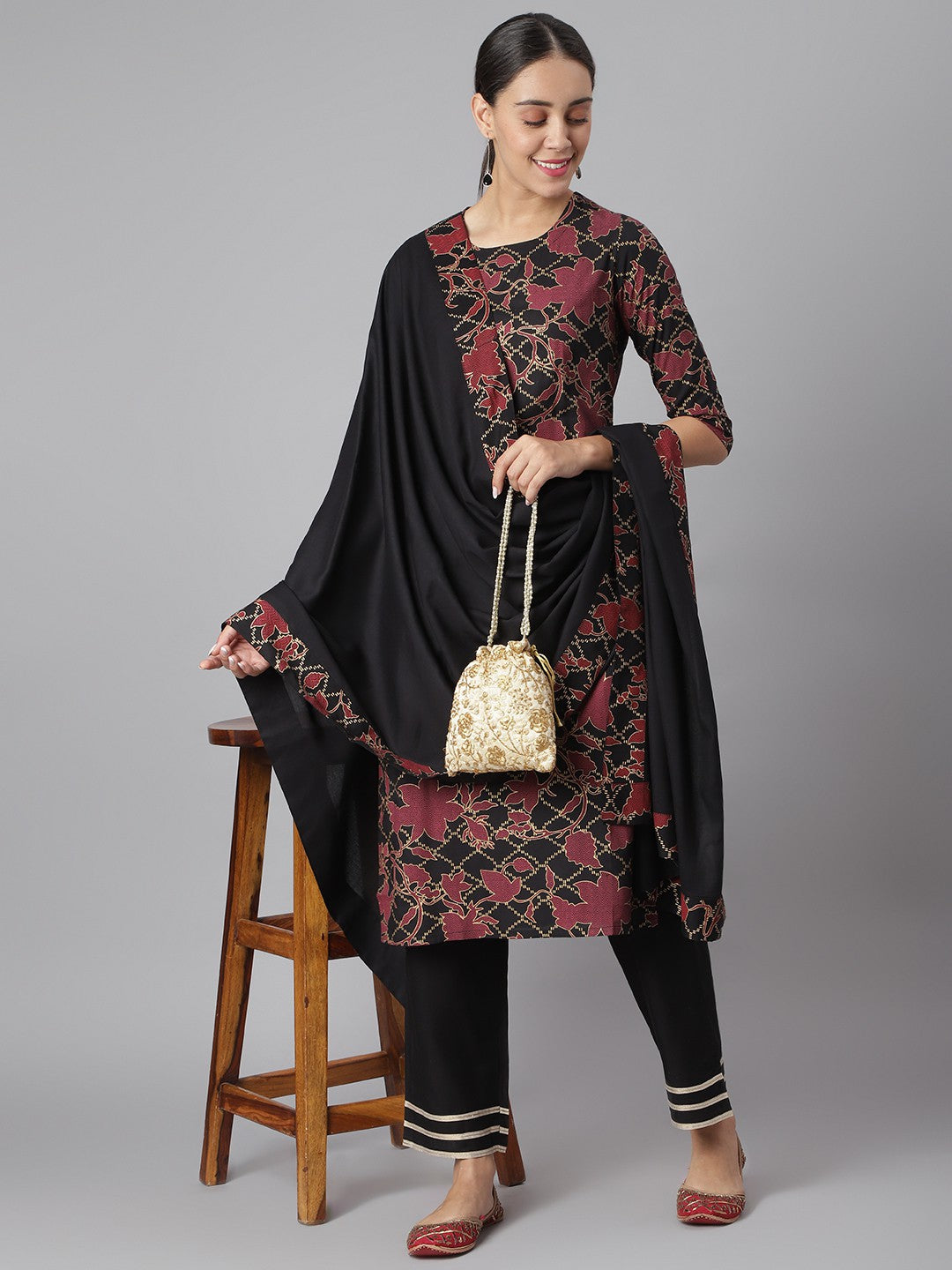 Khushal K Black Color Rayon Printed Kurta And Palazzo With Printed Dupatta Set