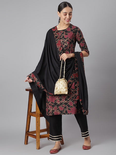 Khushal K Black Color Rayon Printed Kurta And Palazzo With Printed Dupatta Set