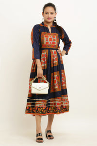 Thumbnail for PAVONINE Jaipuri Block Print Navy Blue Color Dress For Girls & Women - Distacart
