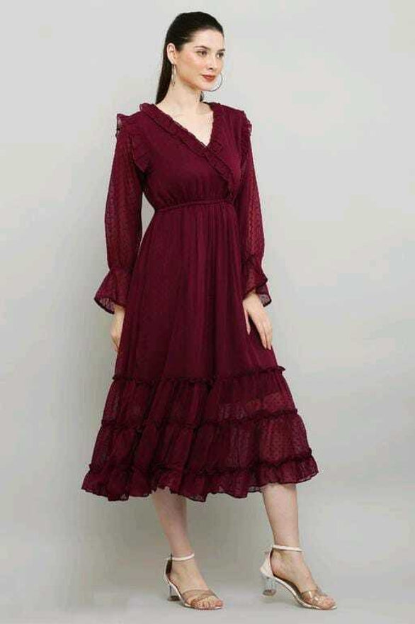 PAVONINE Buta-Design With V-Neck Wine Dress For Girls & Women - Distacart