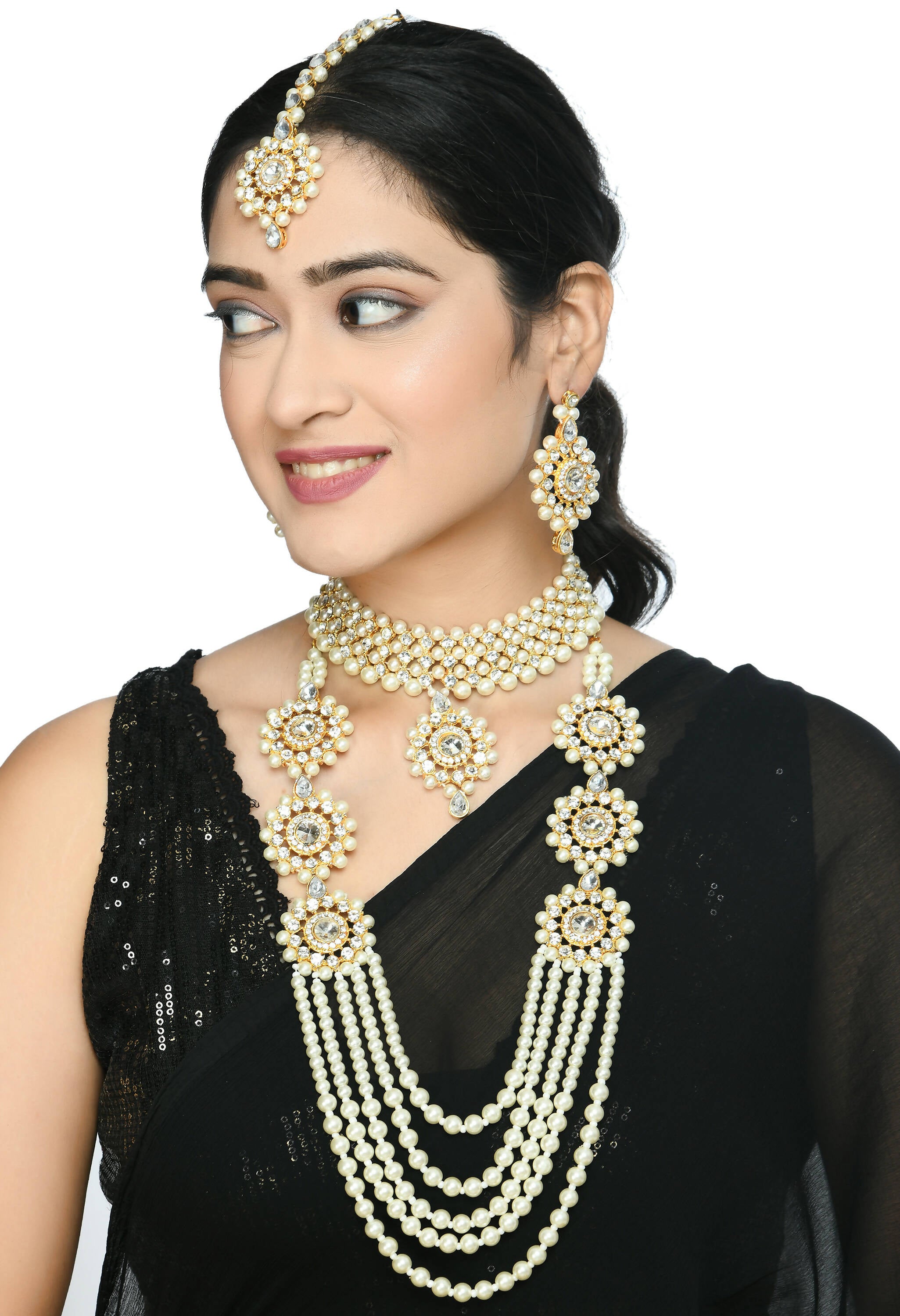Mominos Fashion Johar Kamal Gold-Plated Rani Haar with Off white Pearls Jewellery Set - Distacart