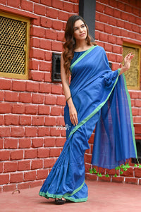 Thumbnail for Very Much Indian Pure Cotton Handloom Sarees With Intricate Borders-Blue Shade - Distacart