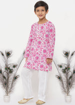 Thumbnail for Little Bansi Cotton Floral Kurta with Pearl Buttons & Pyjama in Pink & Cream - Distacart