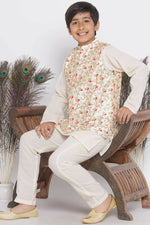 Thumbnail for Little Bansi Banarsi Red Tulip Embroidery Jacket with Cotton Kantha kurta and Kantha Pyjama - Cream - Distacart