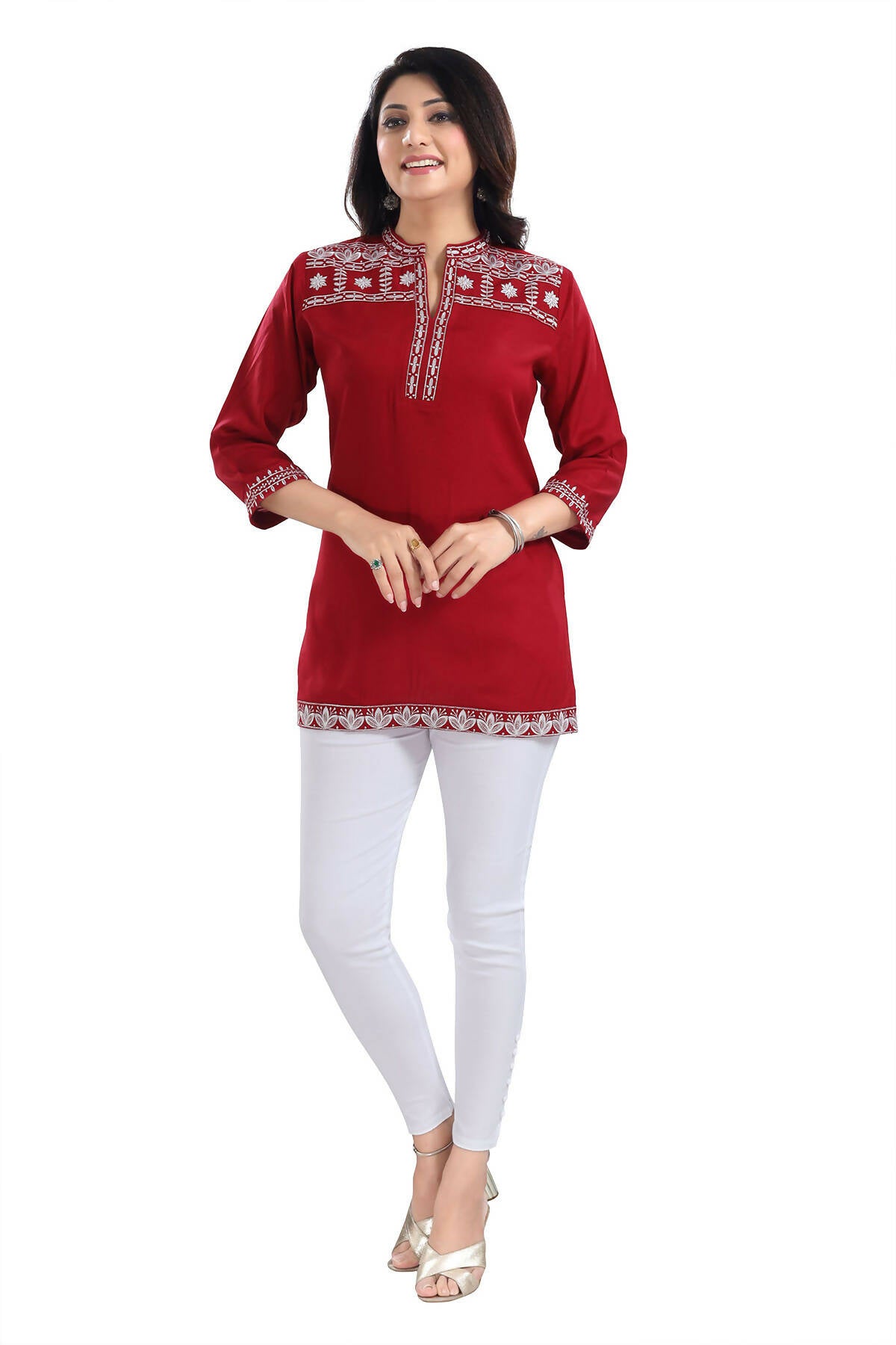 Snehal Creations Rosy Red Women Embroidered Boho Chic Tunic Top - Distacart