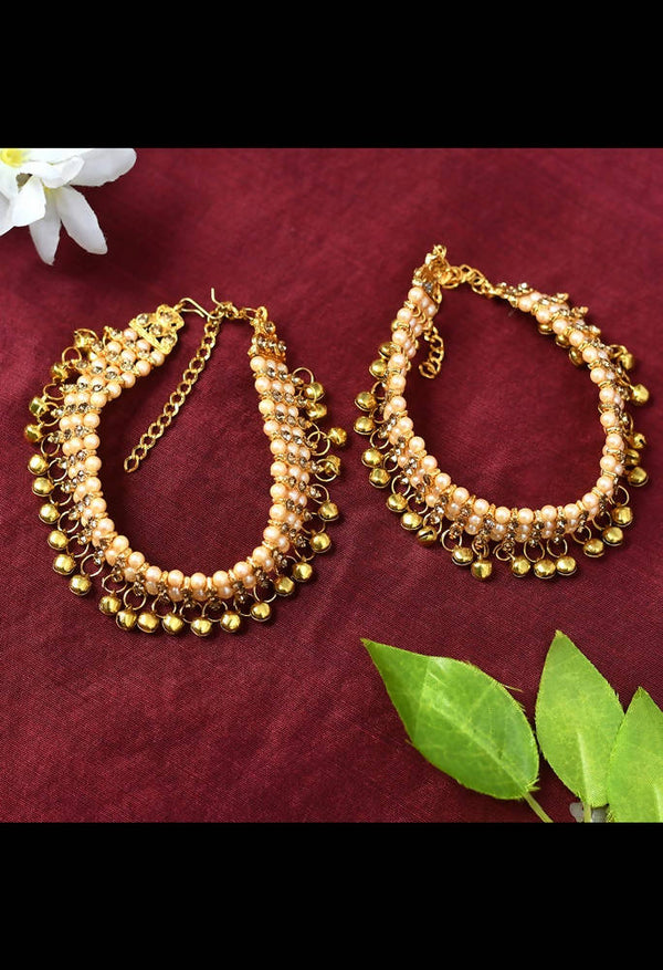 Mominos Fashion Kamal Johar Gold-Plated Pearls Anklets With Muvvas