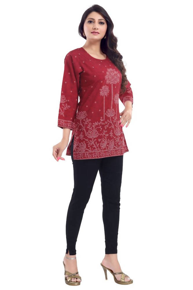 Snehal Creations Maroon Faux Crepe Printed Short Kurti Tunic Top