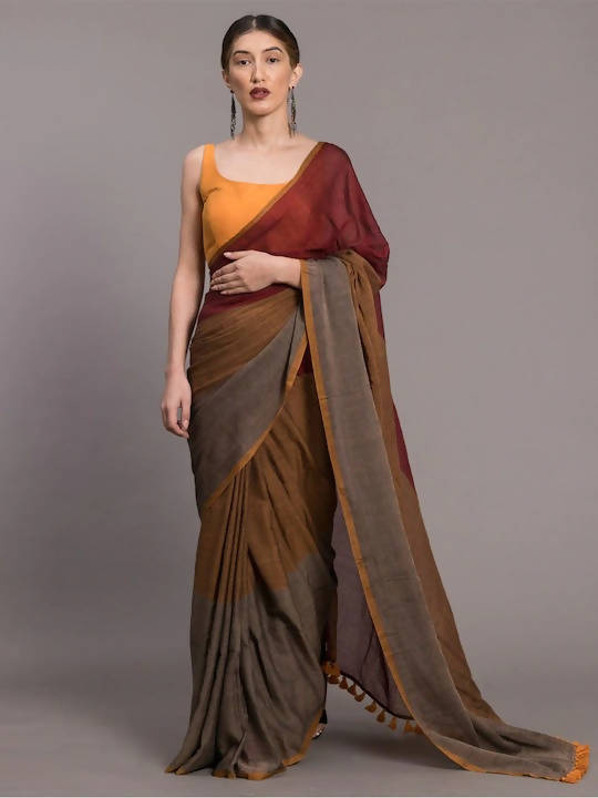 Suta Grey Maroon Colourblocked Pure Cotton Saree - Distacart