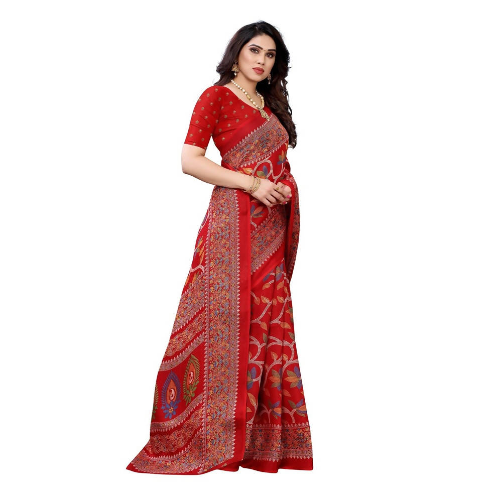 Printed Jute Silk Red Saree