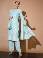 Thumbnail for Myshka Women Blue Printed Kurta & Palazzos With Dupatta - Distacart