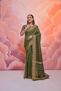 Thumbnail for Vishnu Weaves Women's Mahendi Cotton Self Weaving Saree with Blouse - Distacart