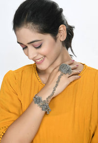 Thumbnail for Mominos Fashion Kamal Johar Oxidised Silver-Plated Floral Design Bracelet