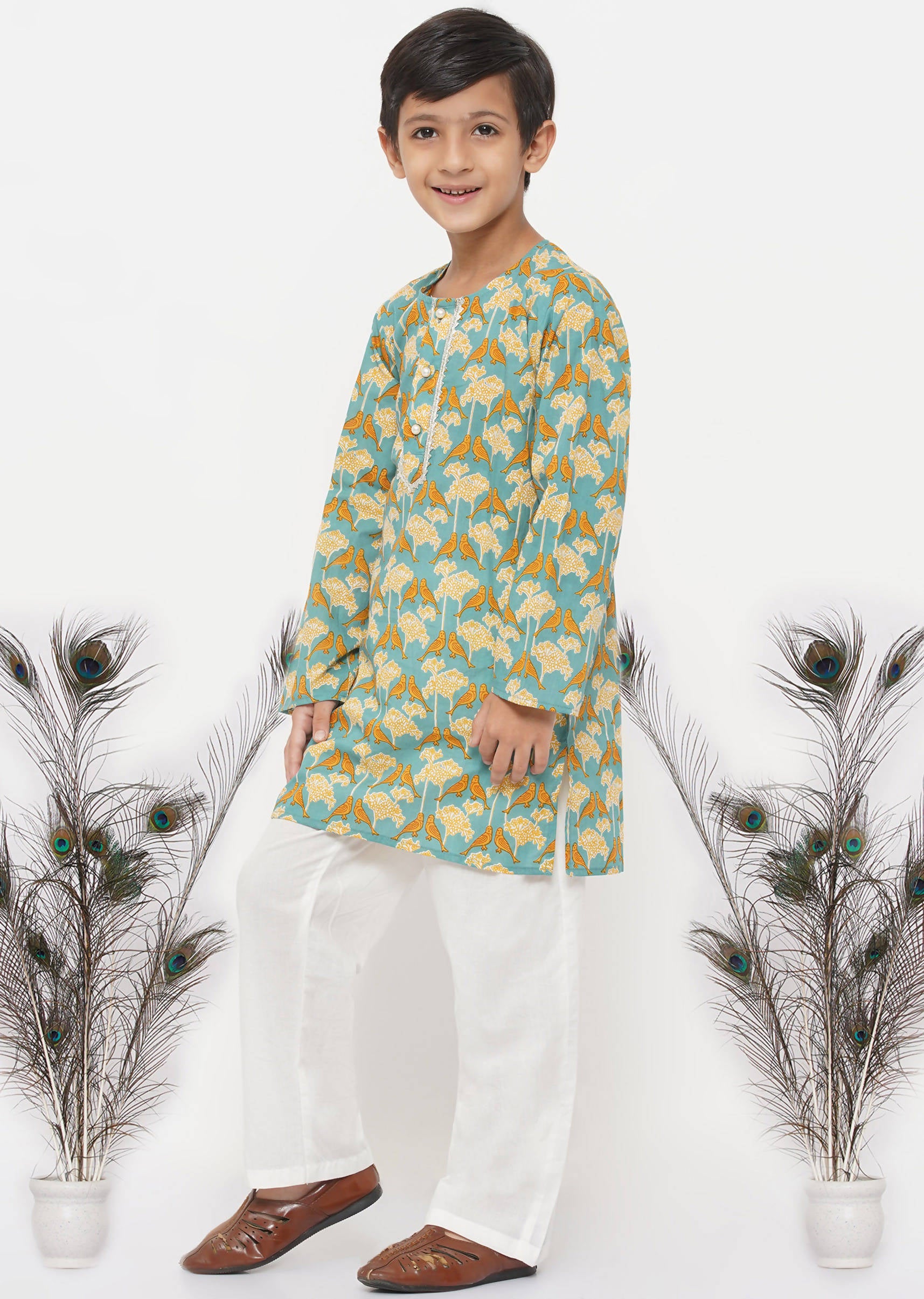 Little Bansi Cotton Bird Print Kurta with Pearl Buttons & Pyjama -Blue & Cream - Distacart