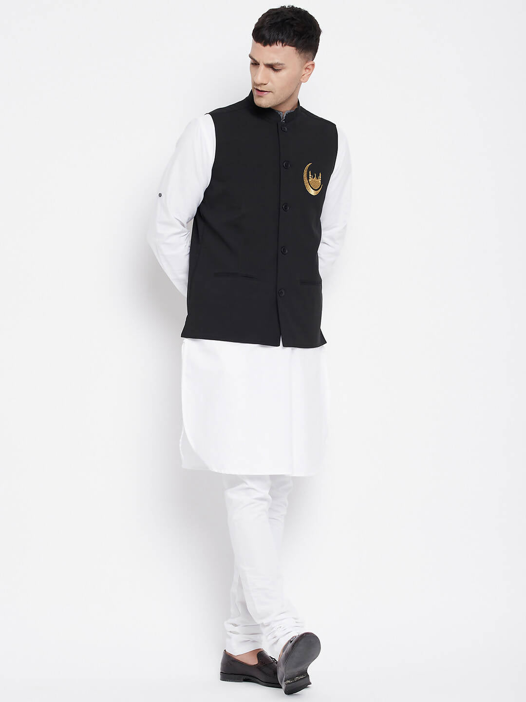 Even Apparels Black Pure Cotton Nehru Jacket With Eid Insignia NJ-PW668-CHA - Distacart