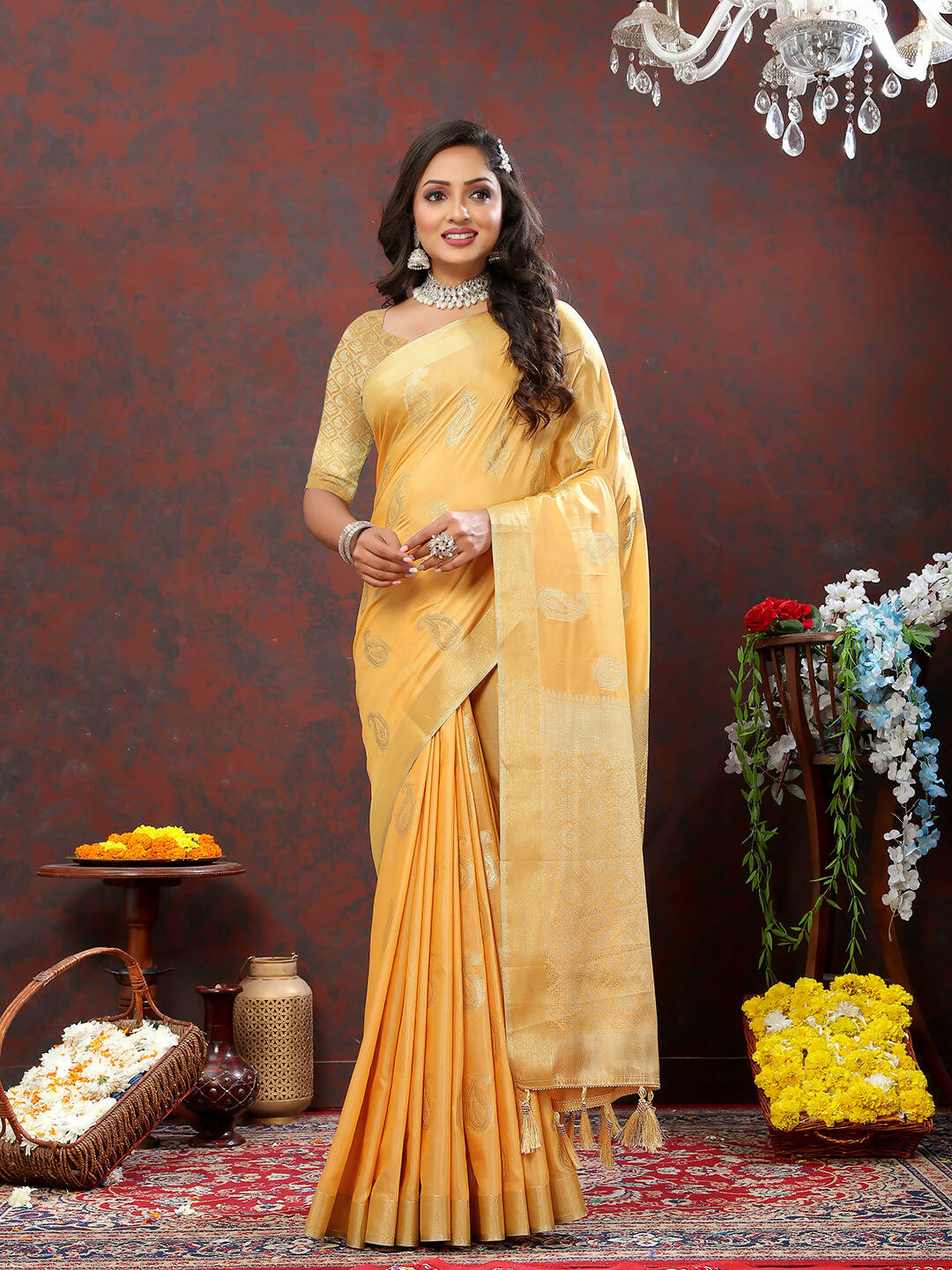 Lorenvalley Fashion Gold Cotton Woven Design with Zari Weaving Design Saree - Distacart
