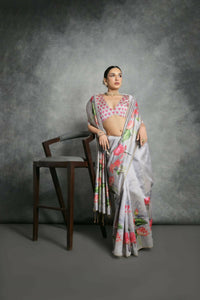 Thumbnail for Vishnu Weaves Women's Grey Soft Tussar Silk Printed Saree with Blouse - Distacart