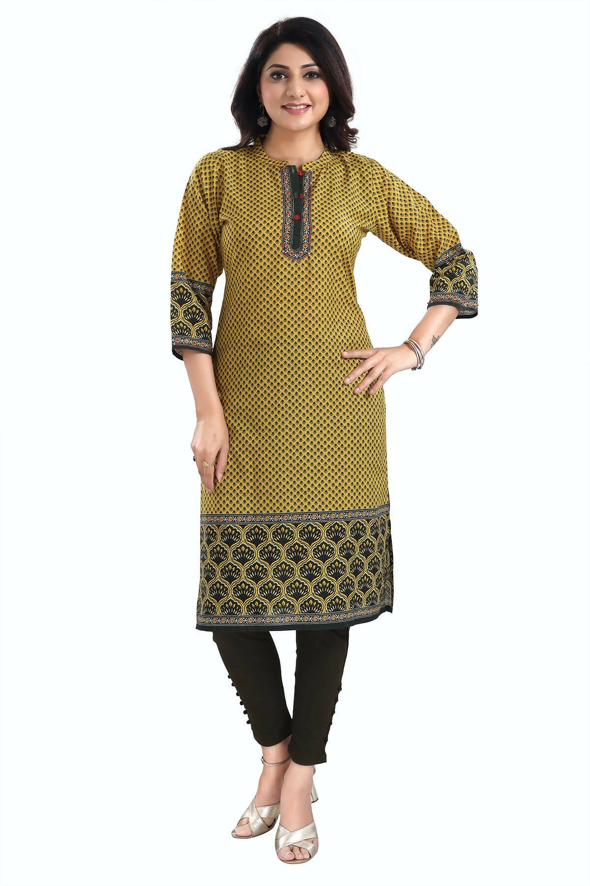 Snehal Creations Yellow Designer Digital Print Cotton Slub Fabric Long Kurti Tunic - Distacart