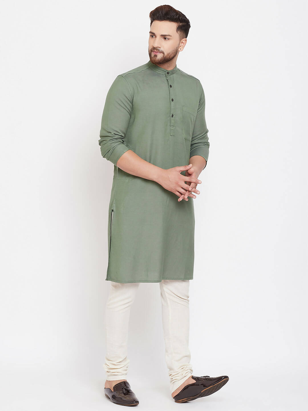 Even Apparels Green Color Linen Linen Men's Kurta With Band Collar - Distacart
