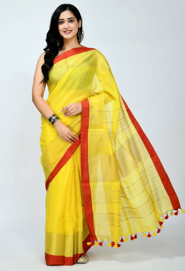 Mominos Fashion Moeza Pure Linen Yellow Saree
