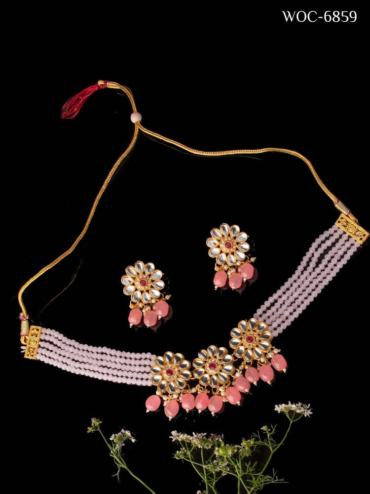 Mominos Fashion Johar Kamal Women's Pink Beads Pearls Gold-Plated Jewellery Set
