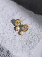 Thumbnail for Gold-Toned White Kundan Oval-Shape Gold-Plated Studs Earrings - Ruby Raang - Distacart