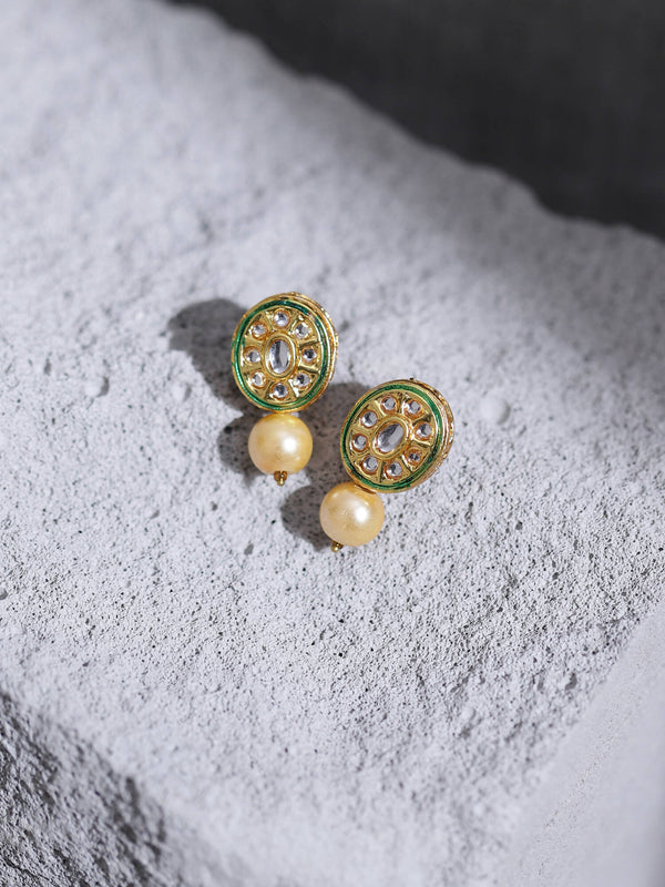 Gold-Toned White Kundan Oval-Shape Gold-Plated Studs Earrings - Ruby Raang - Distacart