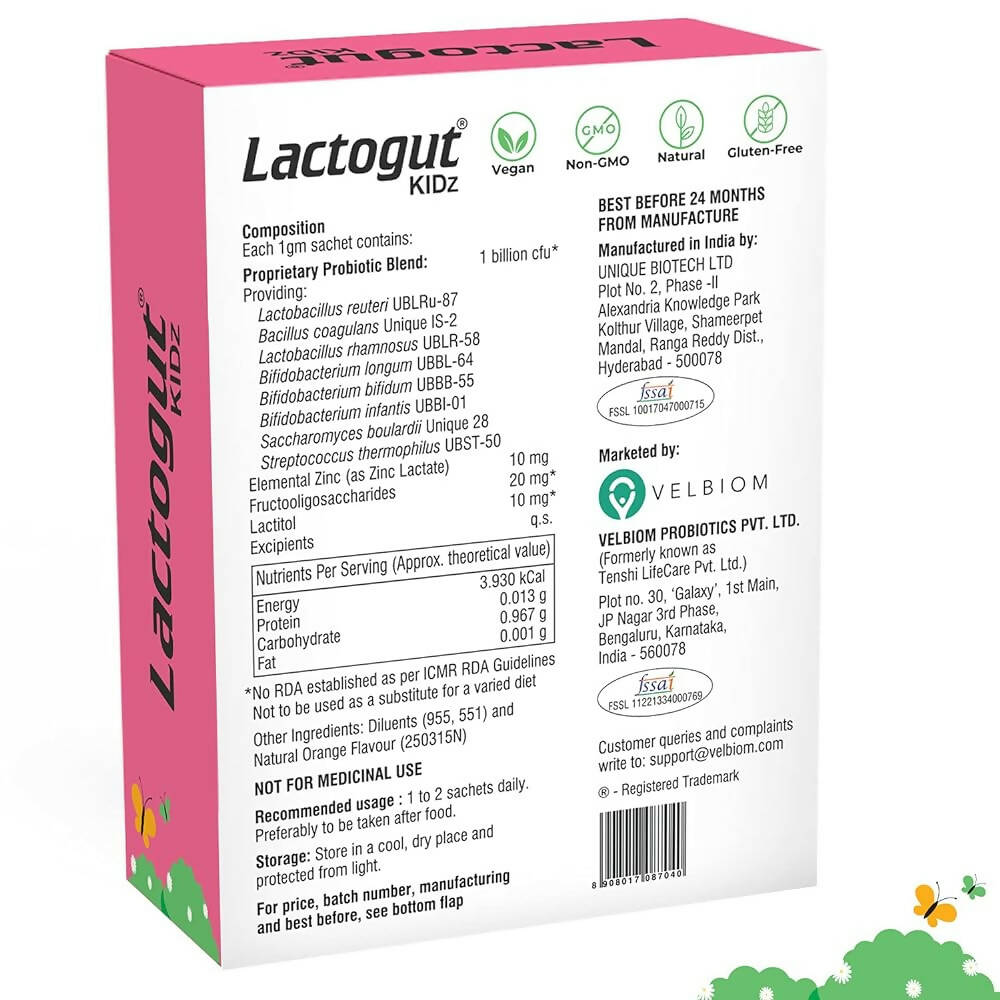 Velbiom Lactogut Kidz Probiotics Powder Sachets - Orange Flavor - Distacart
