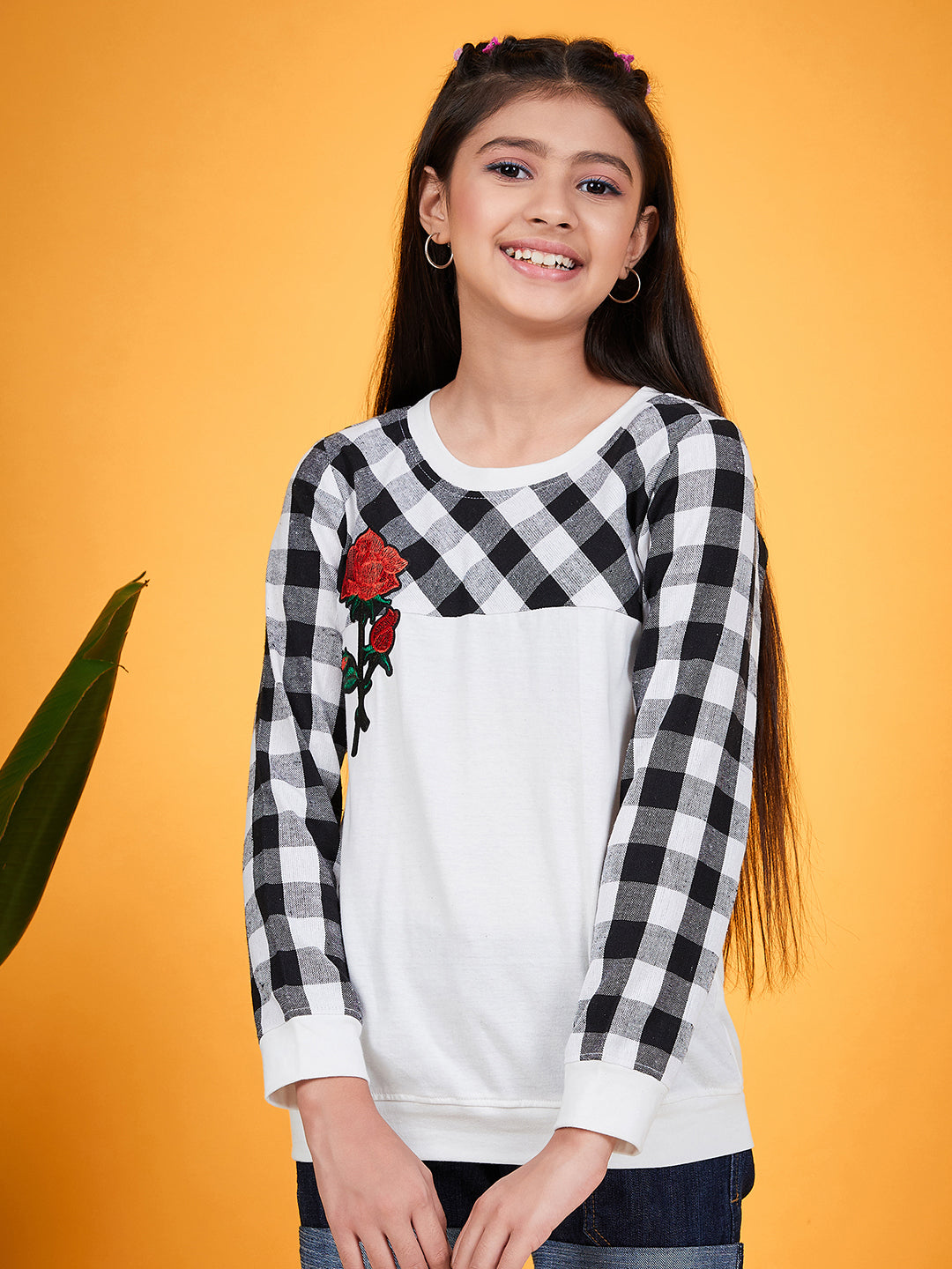 Girls Checked Round Neck Long Sleeves Applique Cotton Top - Mini Marvels - Distacart
