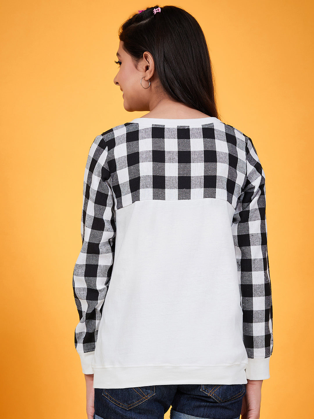 Girls Checked Round Neck Long Sleeves Applique Cotton Top - Mini Marvels - Distacart
