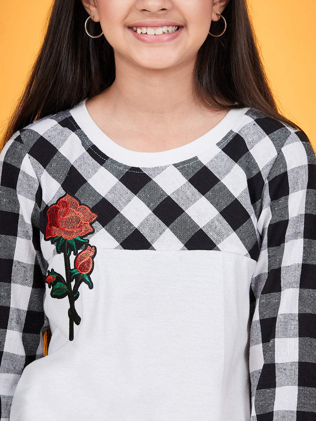 Girls Checked Round Neck Long Sleeves Applique Cotton Top - Mini Marvels - Distacart