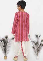 Thumbnail for Little Bansi Cotton Striped Kurta with Pearl Buttons & Dhoti -Pink & Cream - Distacart