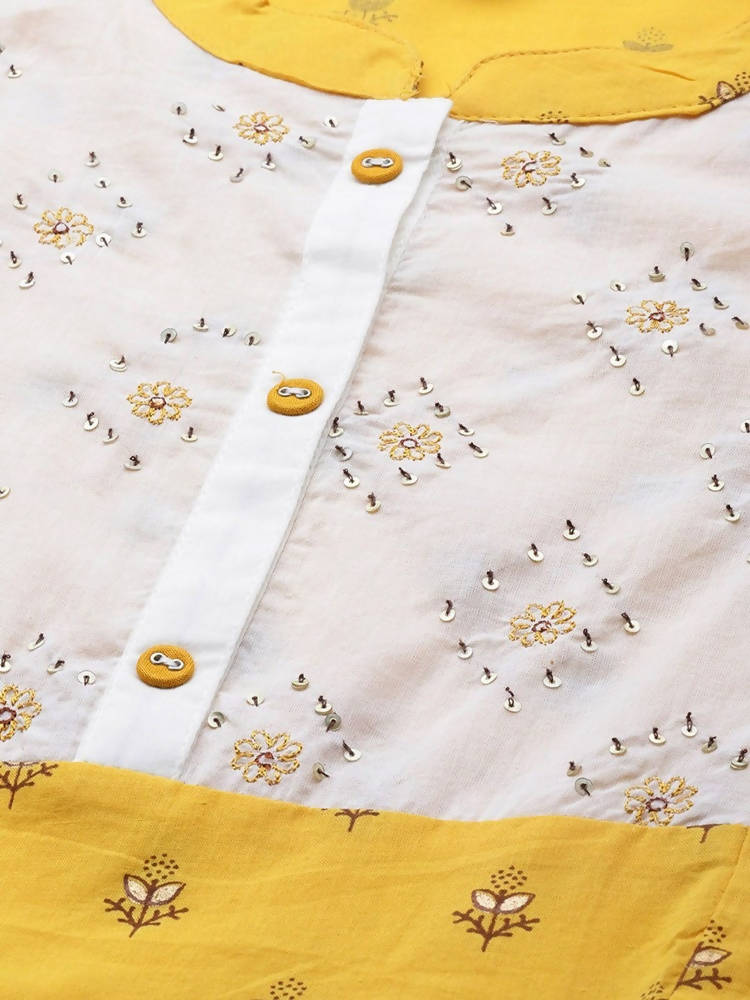 Yufta Women Yellow & White Cotton Embellished Ethnic Motifs Print Tiered Maxi Dress