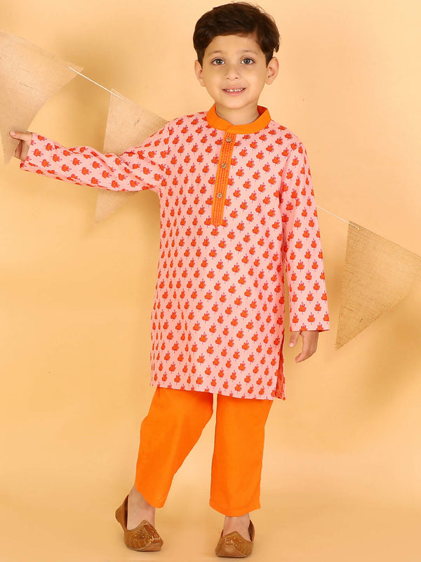 Lil Drama Boys Kurta With Pyjama Set - Orange - Distacart