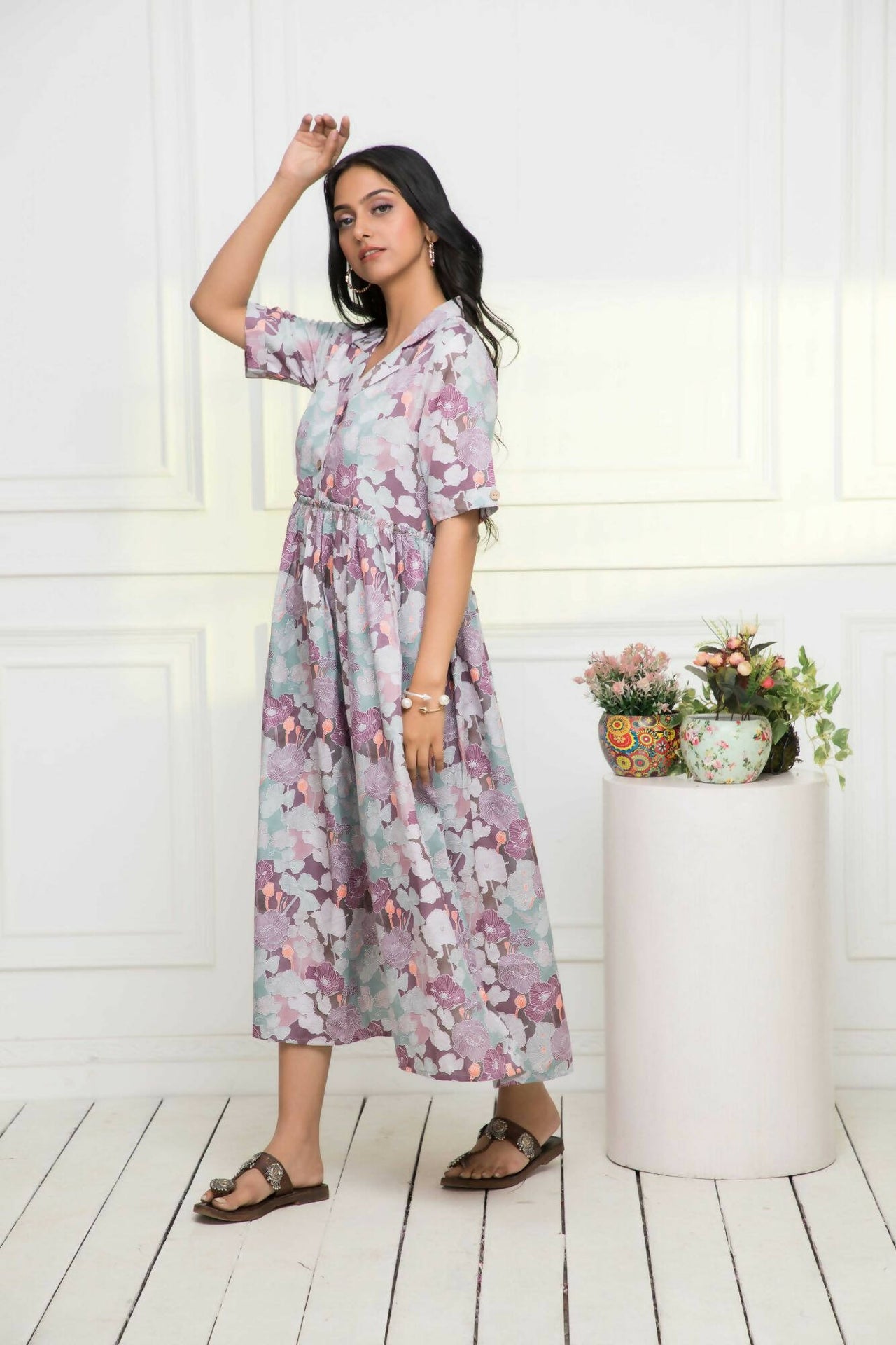 Myshka Women Multi-Floral Rayon A-Line V-Neck Dress - Distacart