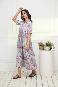 Thumbnail for Myshka Women Multi-Floral Rayon A-Line V-Neck Dress - Distacart