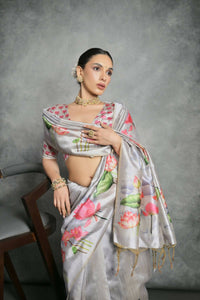 Thumbnail for Vishnu Weaves Women's Grey Soft Tussar Silk Printed Saree with Blouse - Distacart