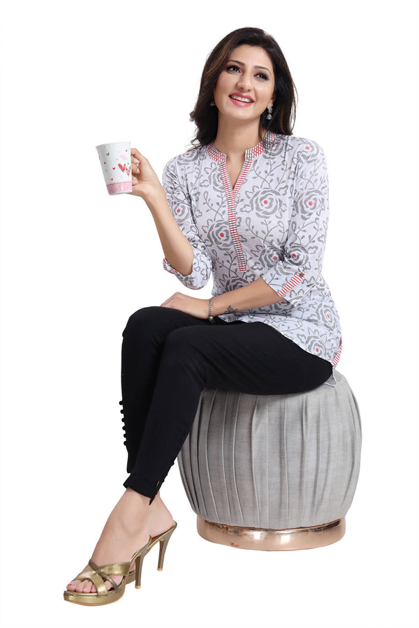 Snehal Creations Vibrant Vigour White Cotton Printed Short Tunic Top - Distacart