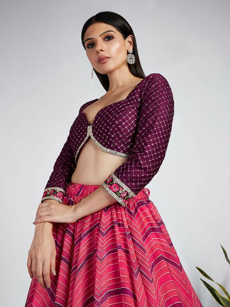 House of Panchhi Rose Organza Siroski Stone Work Leheriya Print Lehenga Choli & Dupatta - Distacart
