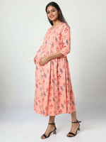 Thumbnail for Manet Three Fourth Maternity Dress Floral Print With Concealed Zipper Nursing Access - Orange - Distacart